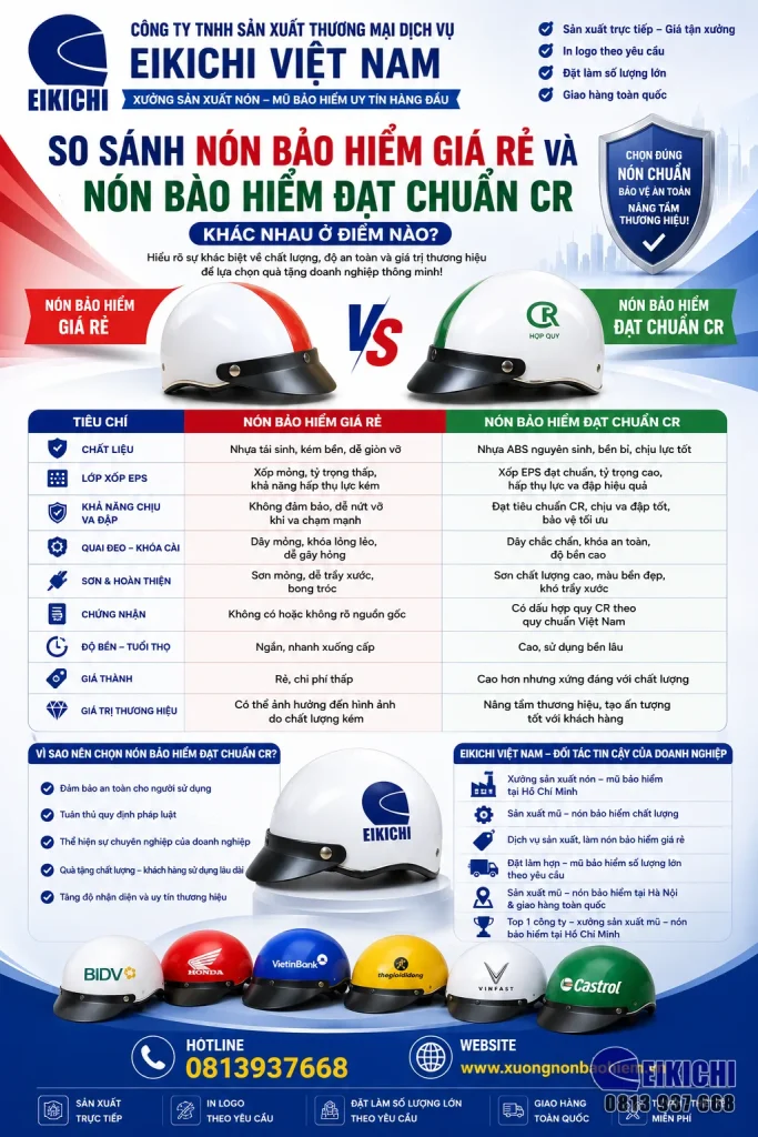 So sánh nón bảo hiểm giá rẻ và nón bảo hiểm đạt chuẩn CR về chất lượng, độ an toàn, vật liệu, giá thành và giá trị thương hiệu khi làm quà tặng doanh nghiệp.