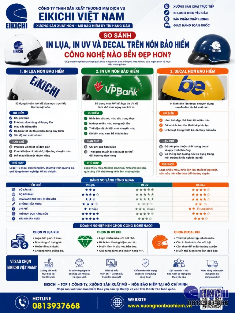 So sánh công nghệ in logo nón bảo hiểm bằng in lụa, in UV và decal. Phân tích độ bền màu, chi phí, tính thẩm mỹ và ứng dụng phù hợp cho doanh nghiệp.