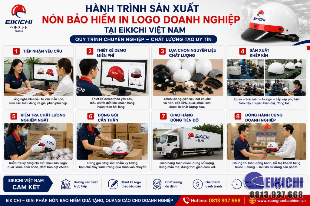 Hành Trình Sản Xuất Nón Bảo Hiểm In Logo Doanh Nghiệp Tại EIKICHI Việt Nam