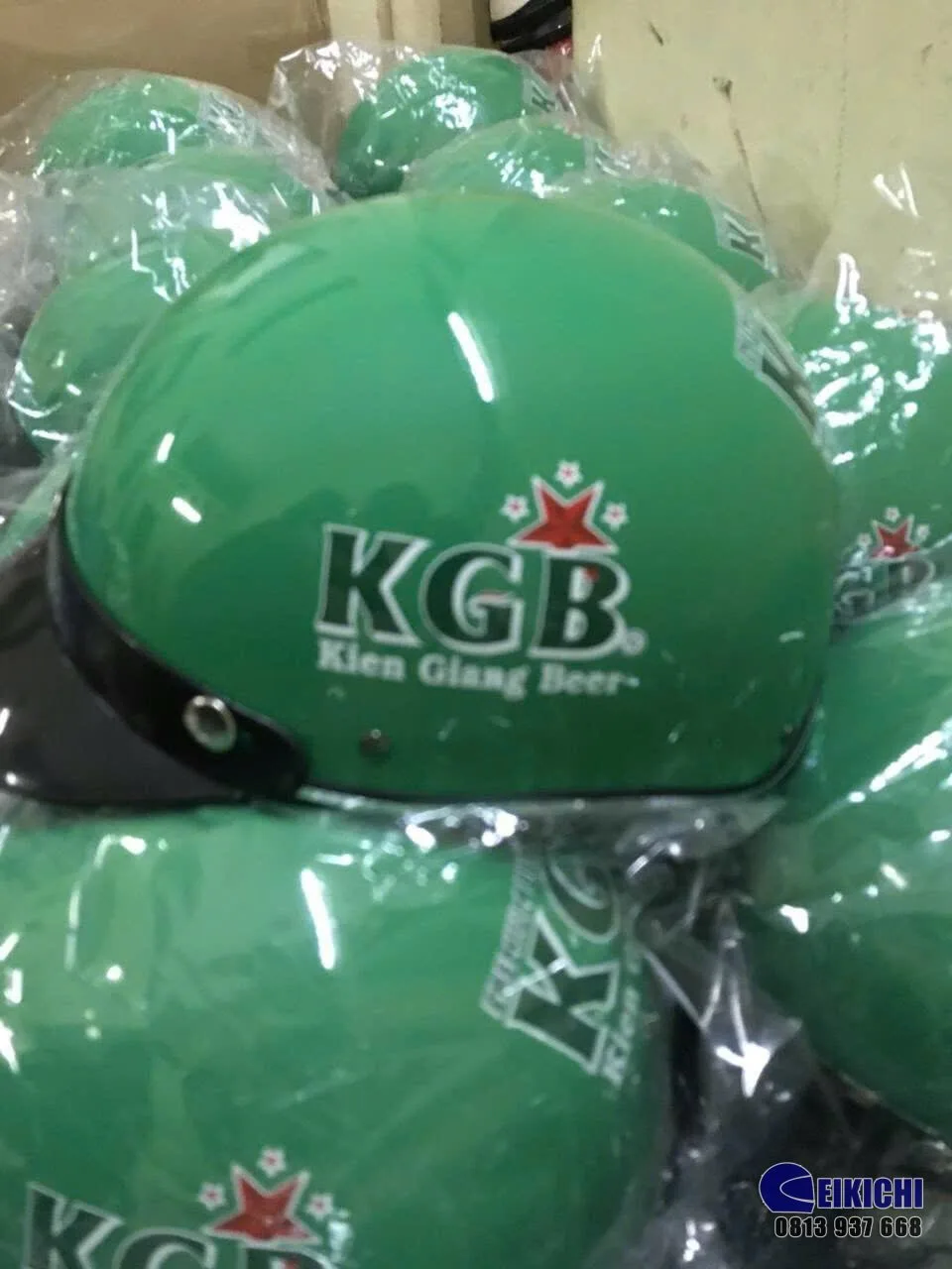 Nón Bảo Hiểm In Logo Bia Kiên Giang KGB | Xưởng Sản Xuất Nón Bảo Hiểm Quảng Cáo EIKICHI