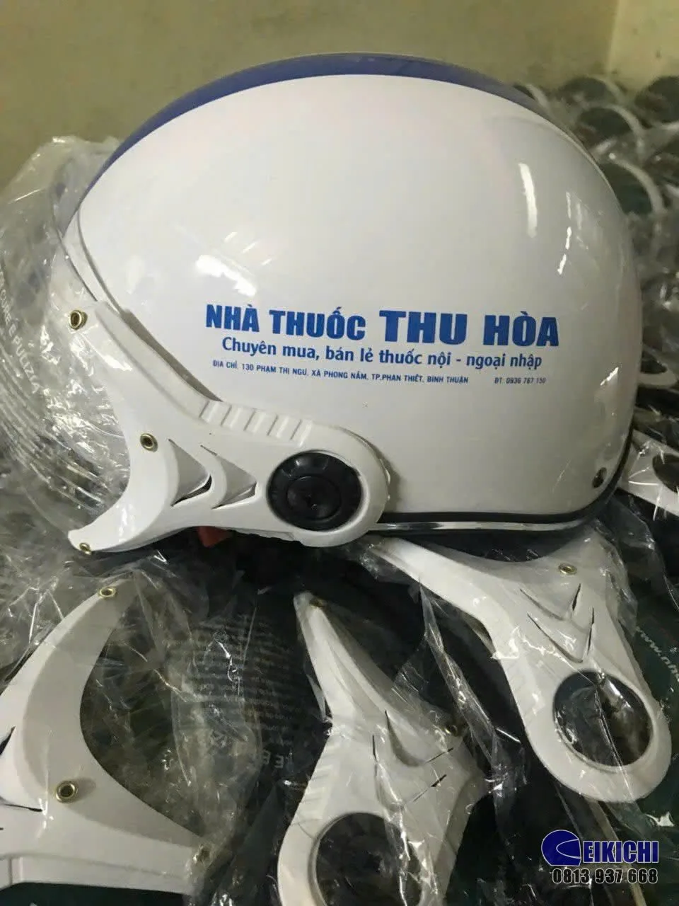 Nón Bảo Hiểm In Logo Nhà Thuốc THU HÀ | Xưởng Sản Xuất Nón Bảo Hiểm Quà Tặng Doanh Nghiệp EIKICHI