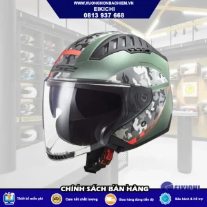 Nón Bảo Hiểm 3/4 EIKICHI Xanh Rêu Camo – Kính Dài, Phong Cách Quân Đội Cá Tính