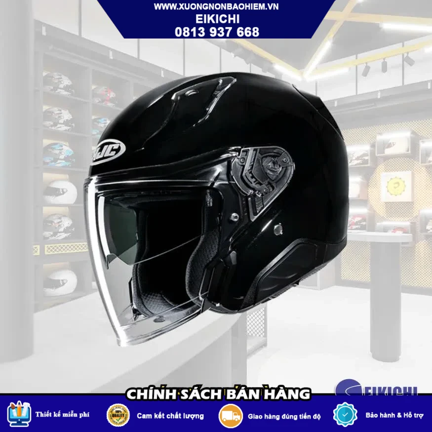 Nón Bảo Hiểm 3/4 Cao Cấp EIKICHI Màu Đen Nhám – Kính Trong, Thiết Kế Tối Giản