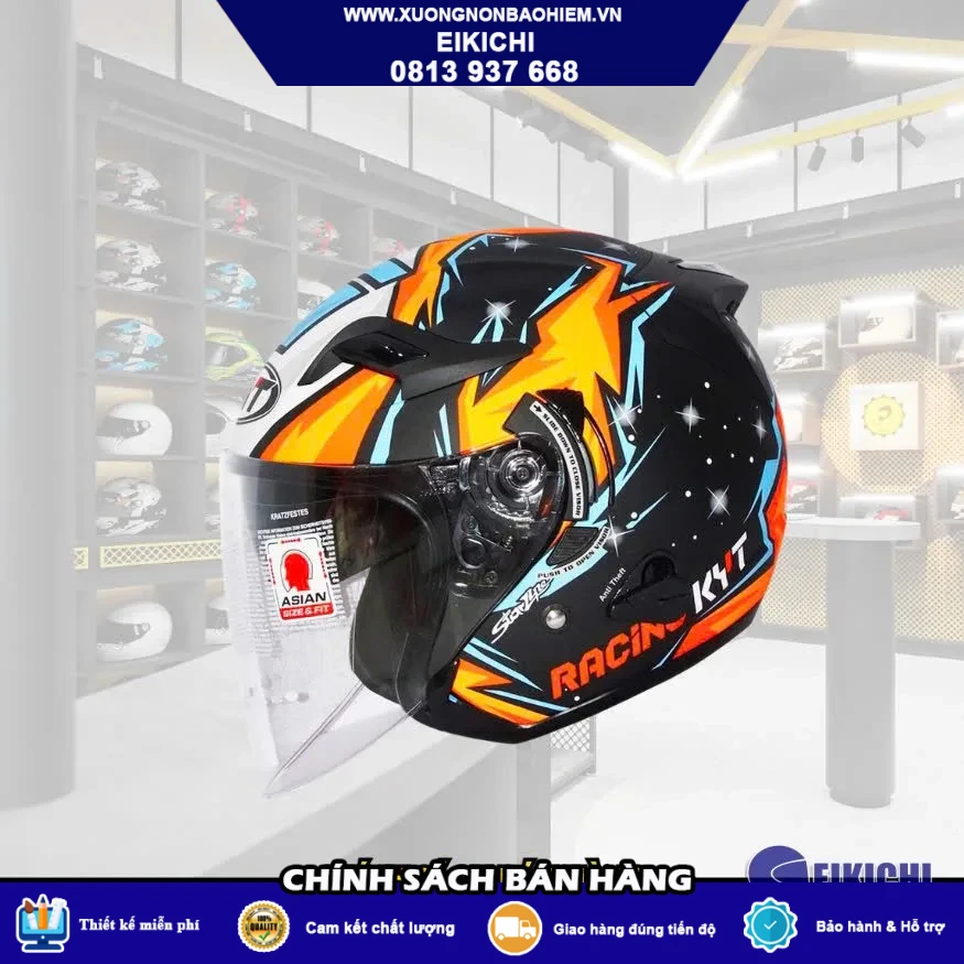 Nón Bảo Hiểm 3/4 EIKICHI Racing Cam – Họa Tiết Tốc Độ, Thiết Kế Cá Tính