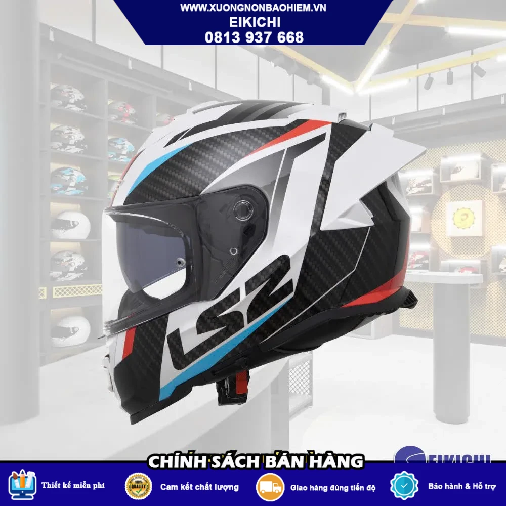 Nón Bảo Hiểm Fullface EIKICHI Carbon Trắng Đen – Kính Khói, Thiết Kế Thể Thao Cao Cấp