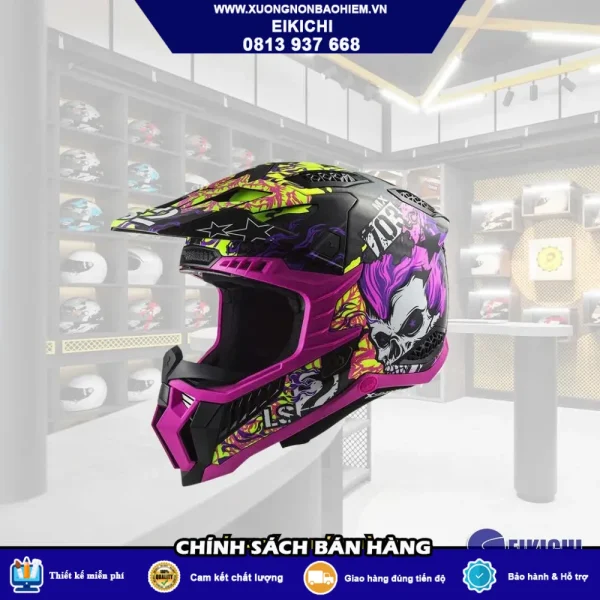 Nón Bảo Hiểm Motocross EIKICHI Skull Tím Neon – Thiết Kế Địa Hình Cá Tính, Đồ Họa Nổi Bật