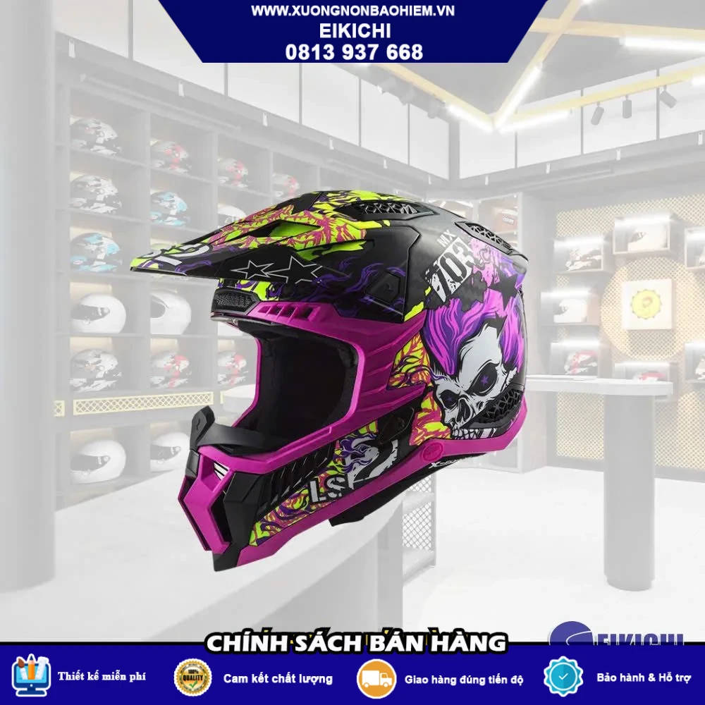 Nón Bảo Hiểm Motocross EIKICHI Skull Tím Neon – Thiết Kế Địa Hình Cá Tính, Đồ Họa Nổi Bật